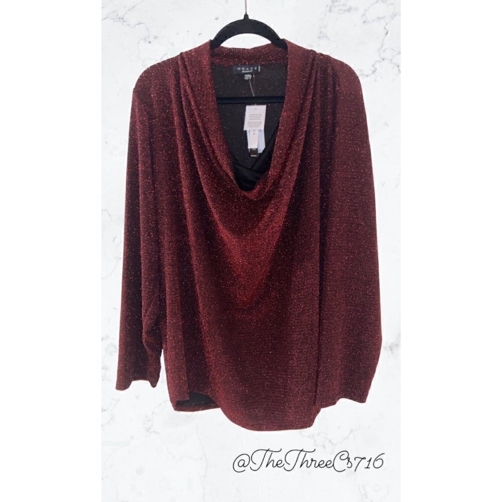 Grace The Perfect Fit Red Cowl Neck Metallic Tunic Blouse Top Plus Sz 3X…